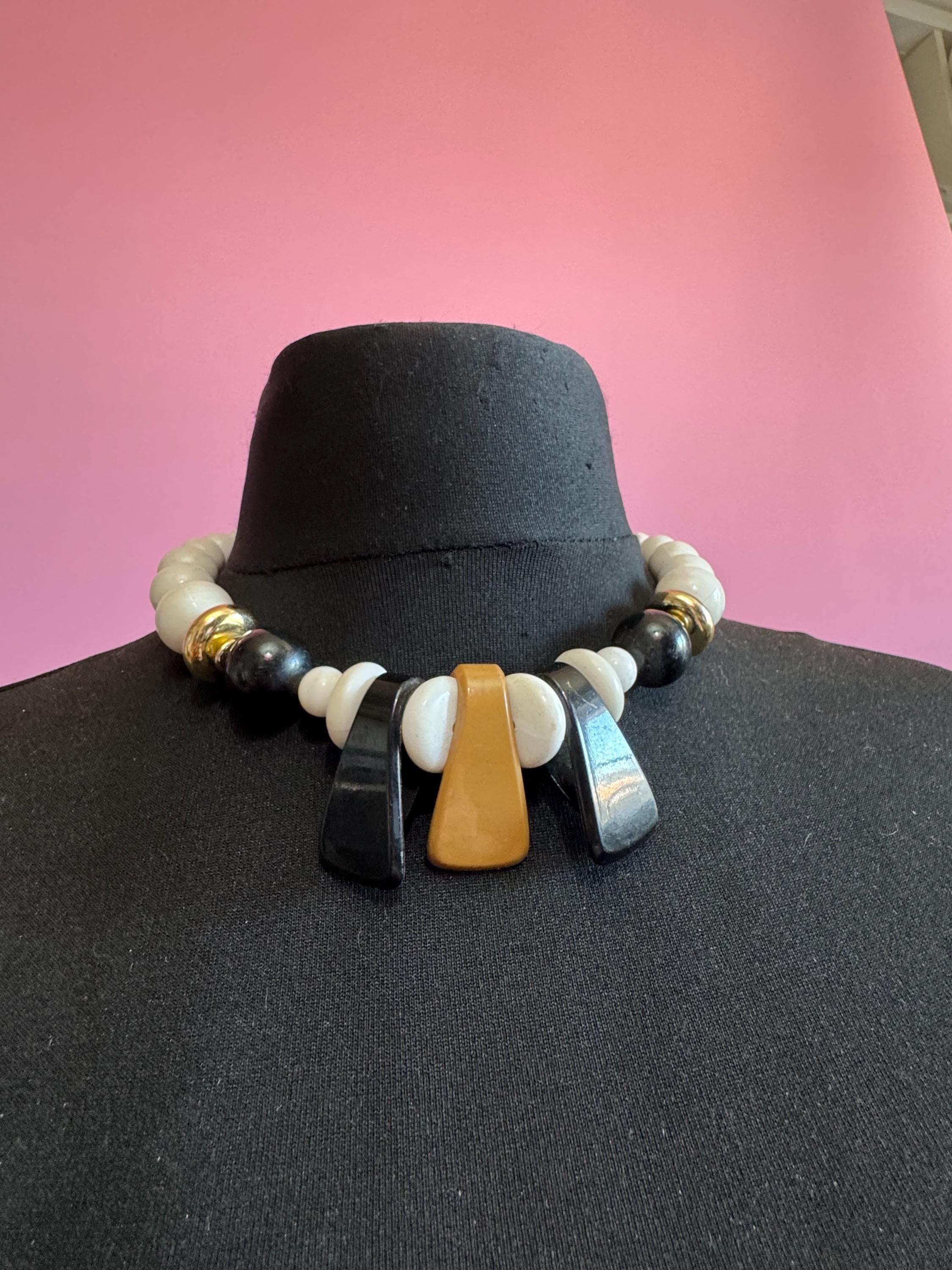 Italian style beaded statement necklace, acrylic white black tan and gold beads