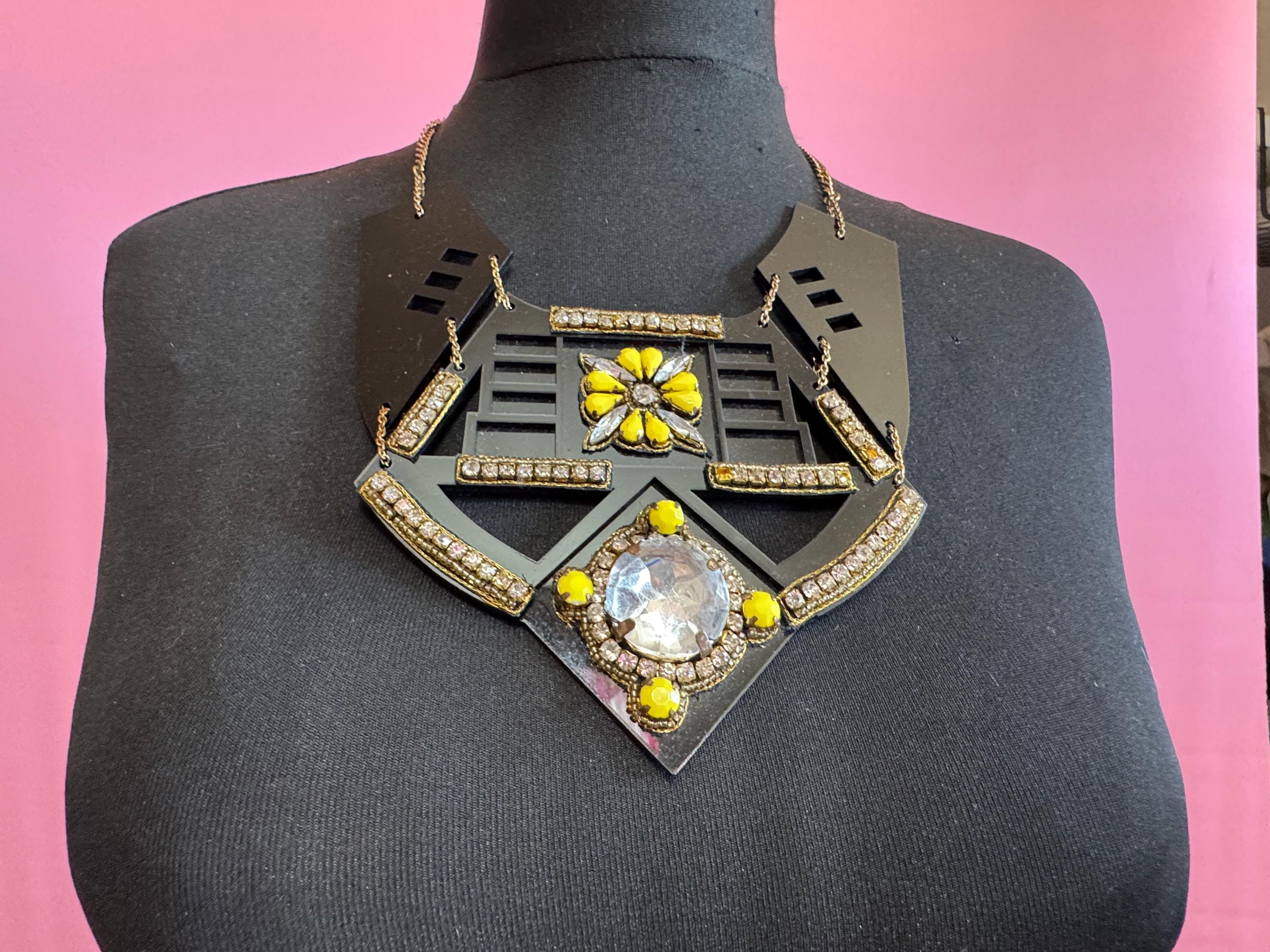 Black and yellow oversized statement necklace, acrylic and rhinestones