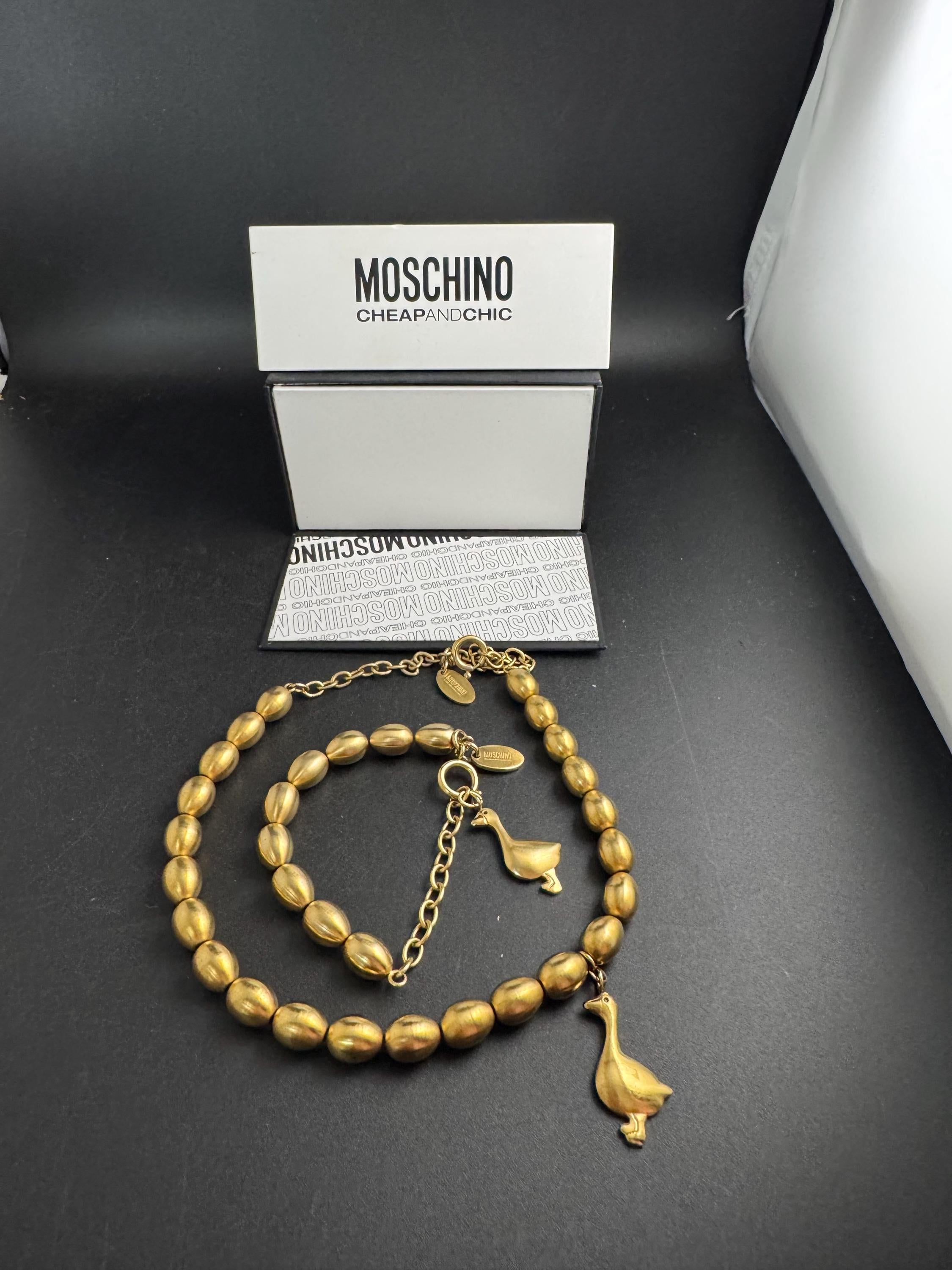 Moschino Cheap & Chic Gold Beaded Necklace Bracelet Set, goose Charm, Boxed