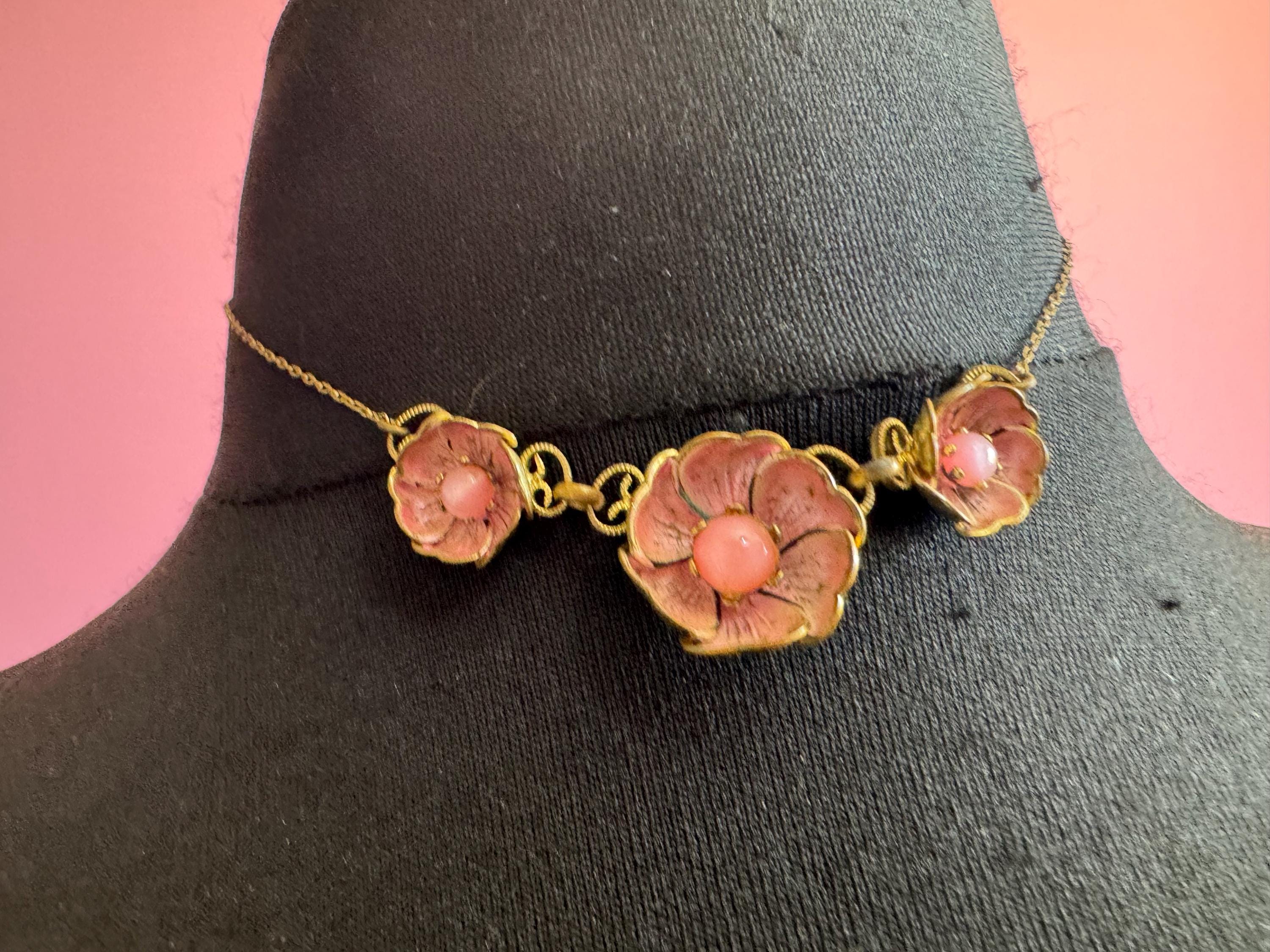 Czech pink enamel floral Necklace, cold painted brass vintage 1930s