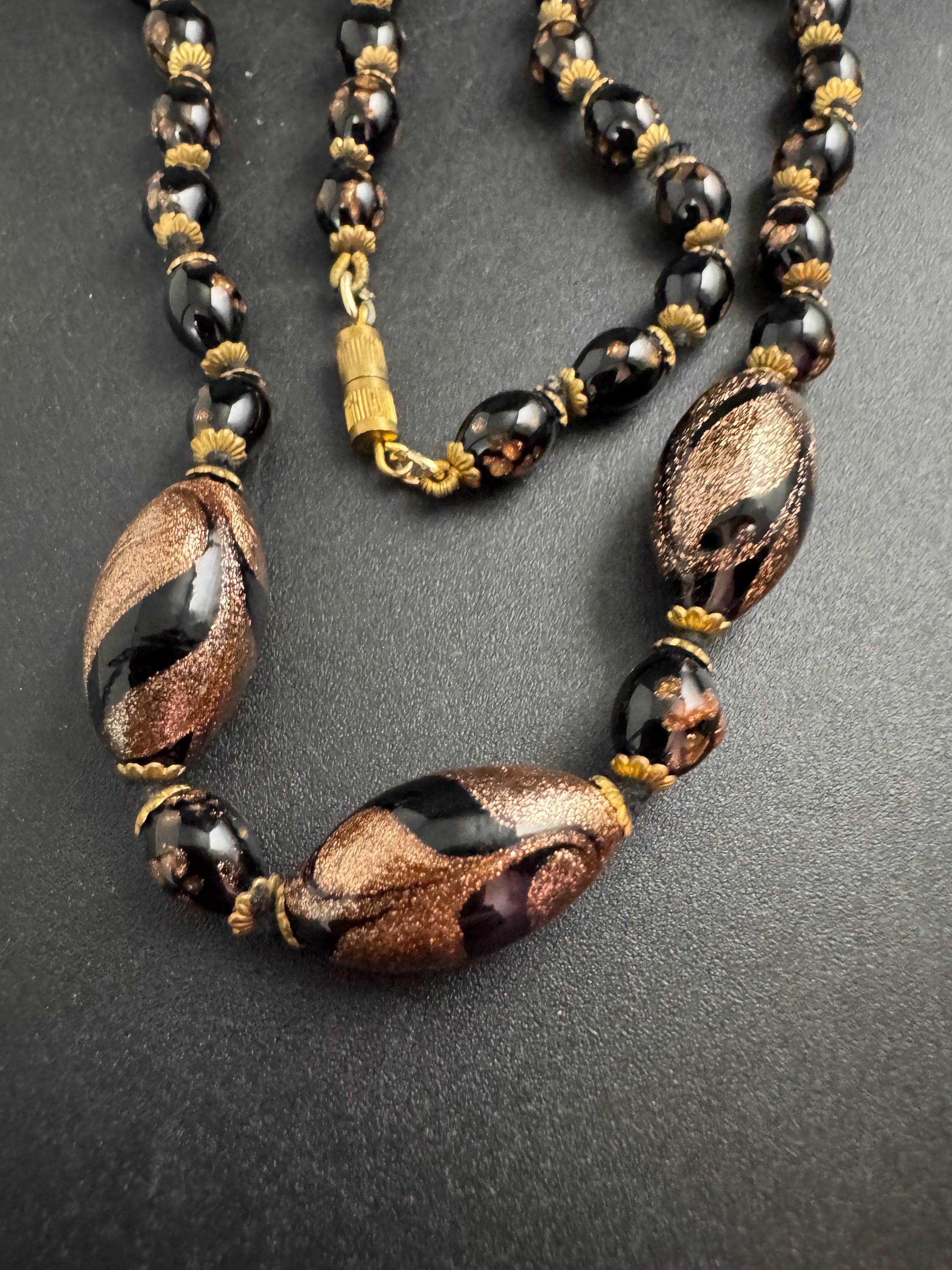 Venetian black and gold foiled bead necklace, mid century