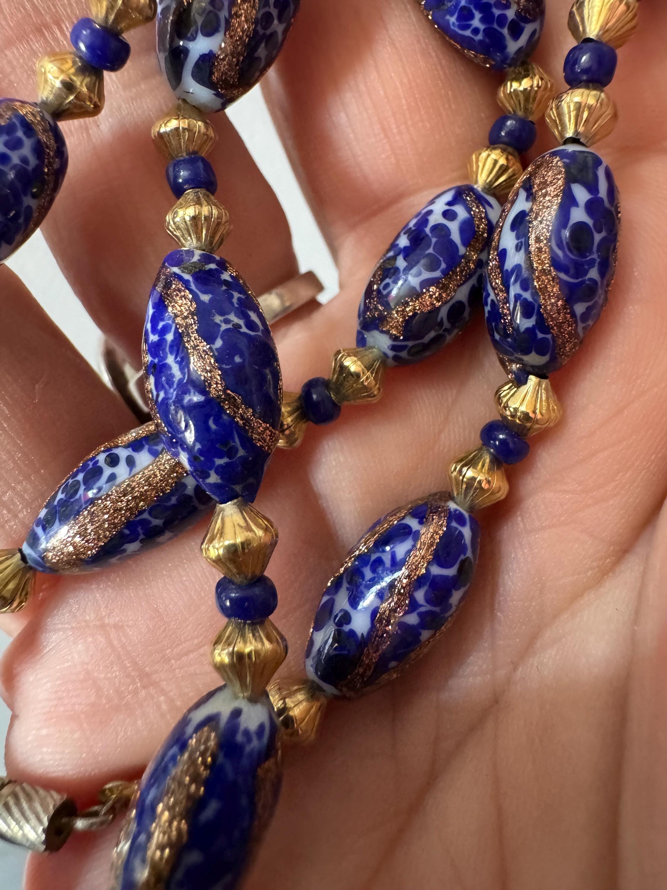 Venetian blue and gold foiled bead necklace, mid century