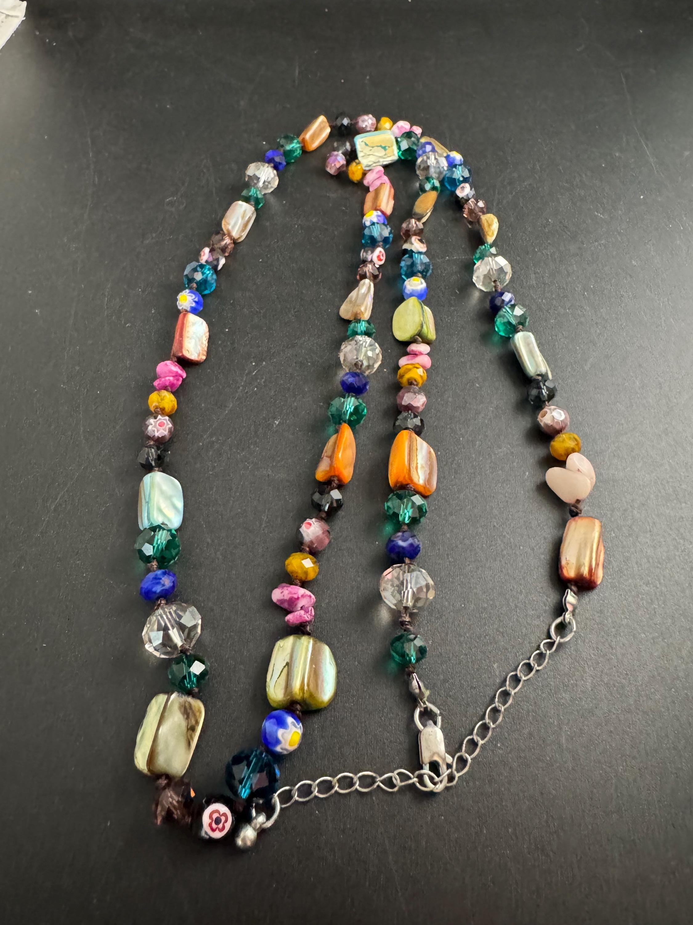 Mother of Pearl multi coloured long bead necklace, Murano milifiore art glass beads