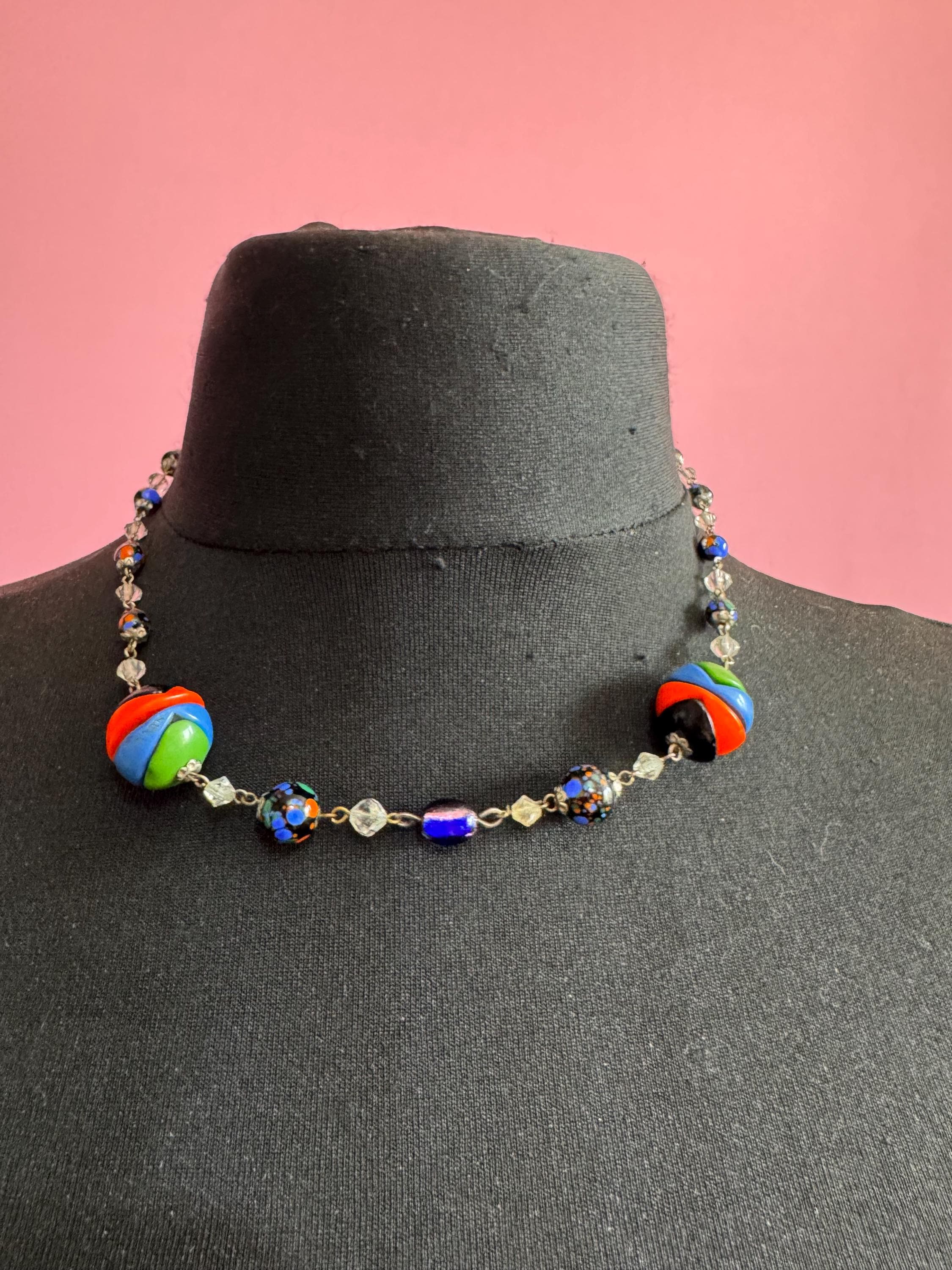 Art deco geometric coloured bead necklace, for parts foiled beads