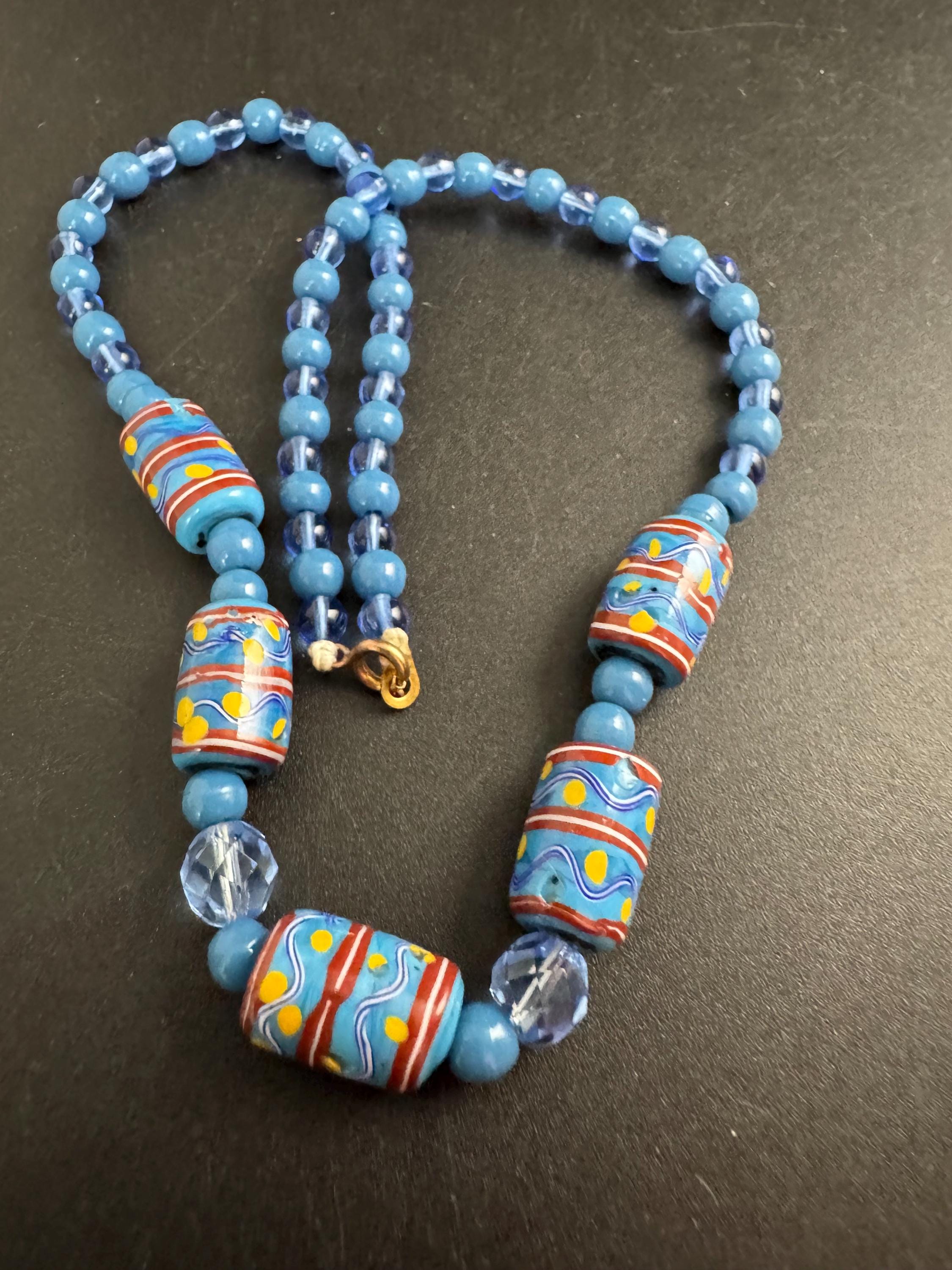 Blue Art Glass Cylinder Beaded Necklace, Vintage Jewellery 44cm