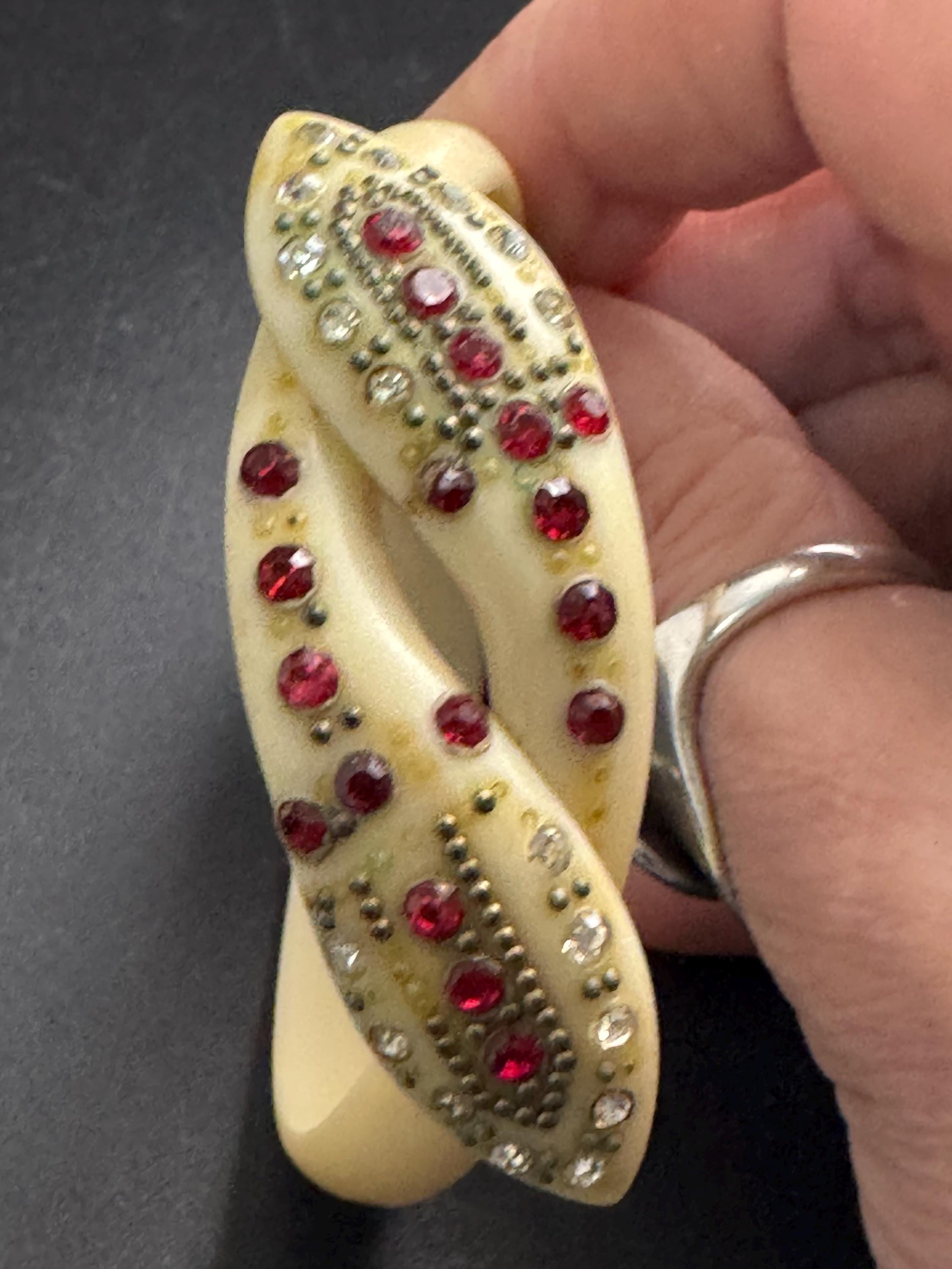 Antique cream Galalith Snake Bangle: Ruby Diamante Paste, Celluloid Plastic, petite fit
