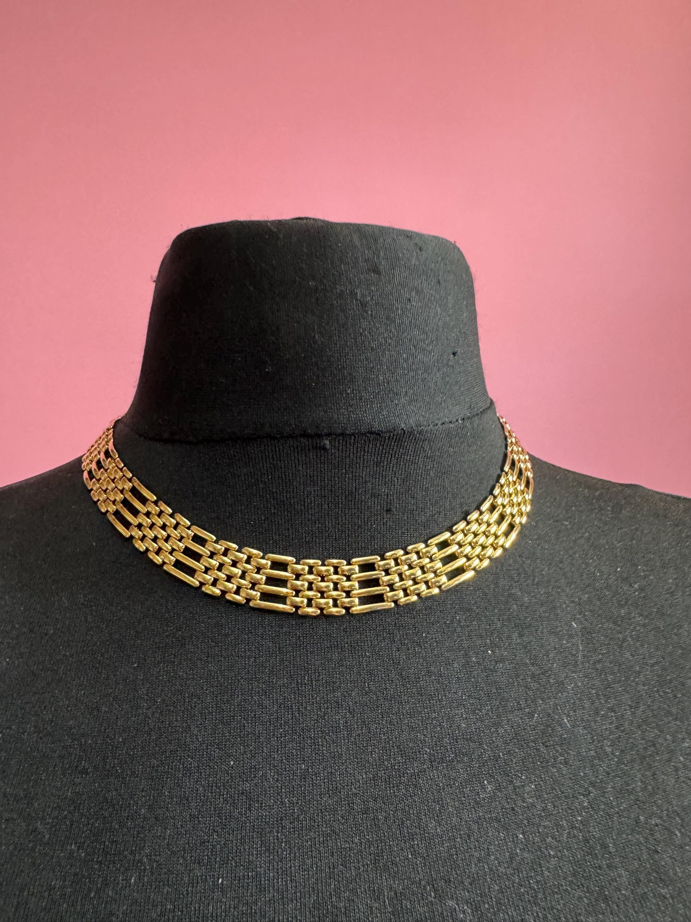 Wide panther link gold choker necklace, brick link plated metal 45cm