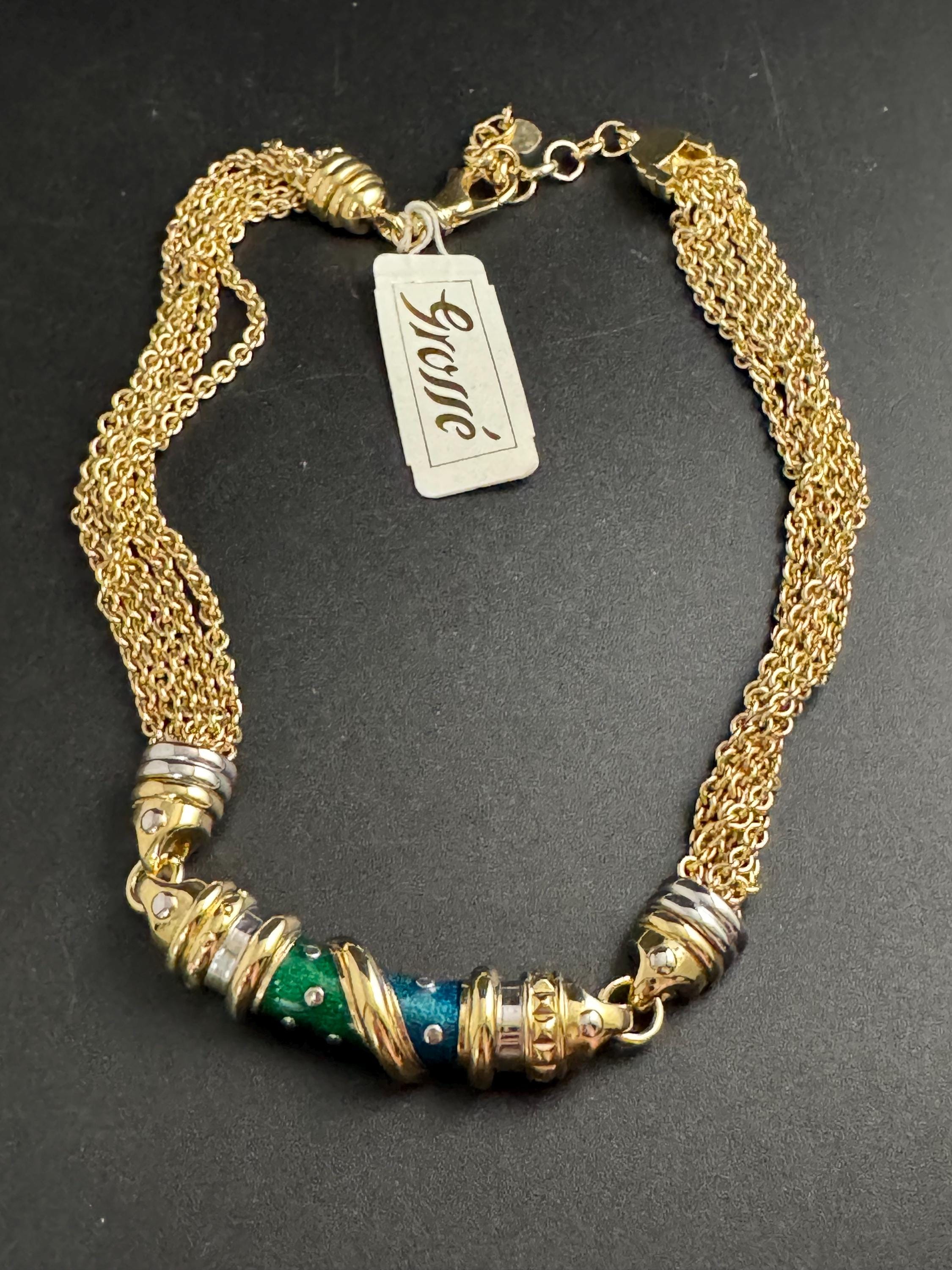 GROSSE green enamel Multistrand chojer, Designer vintage modernist 80s necklace