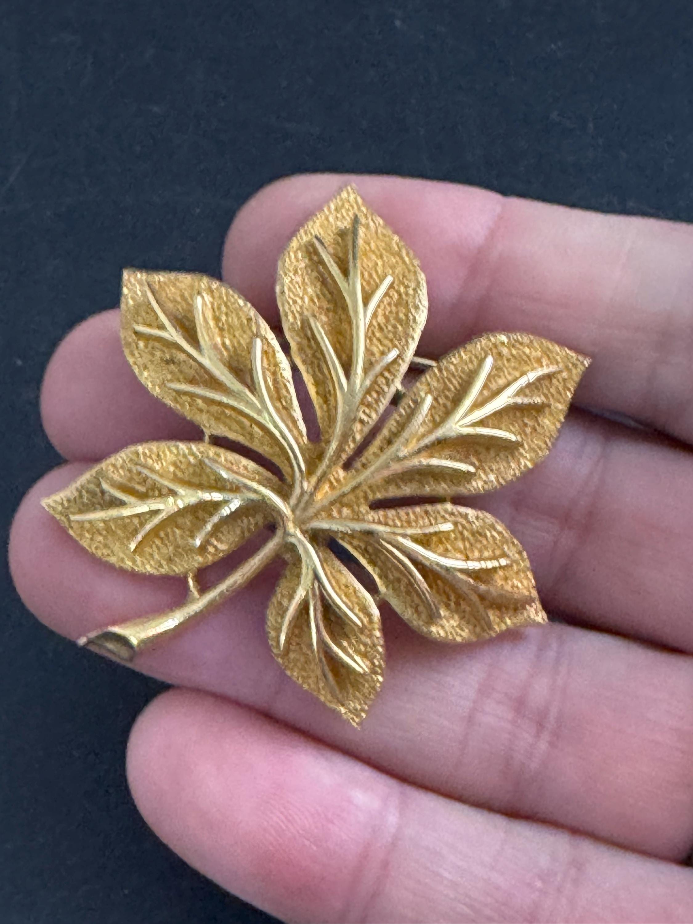 Crown Trifari stylised leaf brooch, gold plated and signed