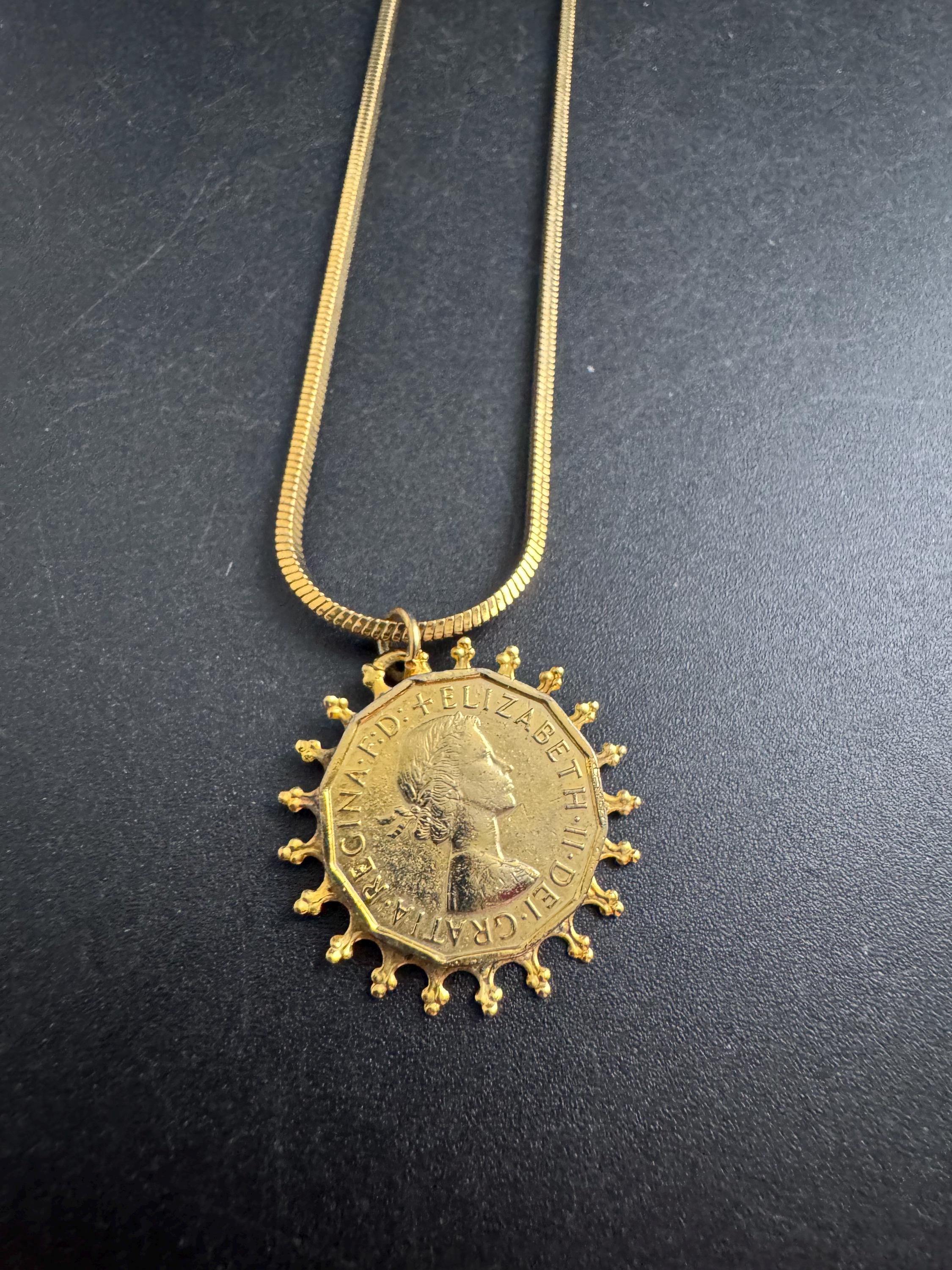 Vintage coin pendant necklace , gold tone circa 1970s
