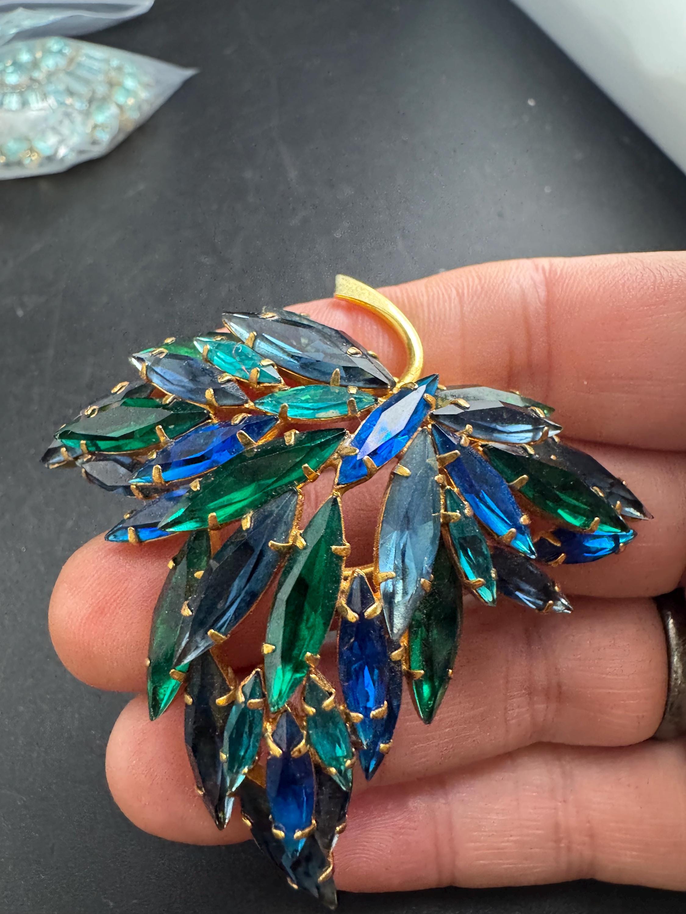 Austrian blue green rhinestone brooch, navette crystals leaf design signed