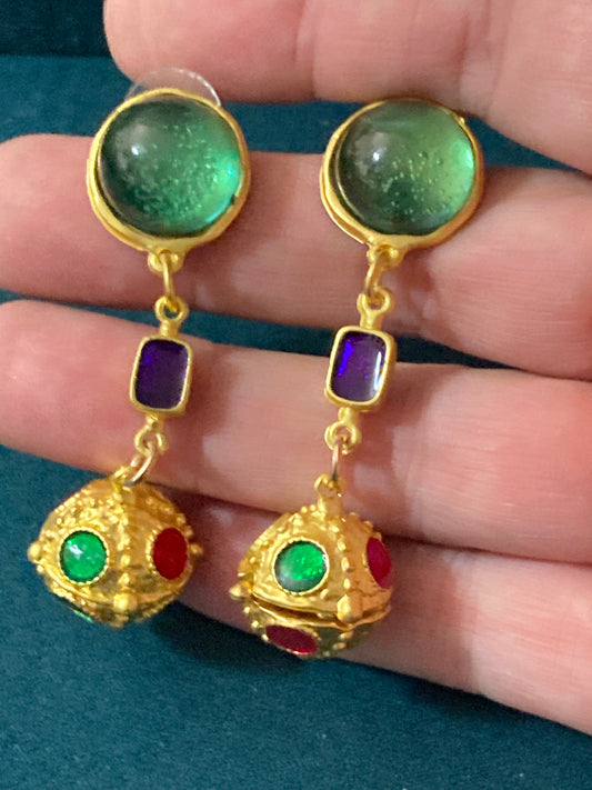 Gold orbs earrings gripoix style emerald ruby drops