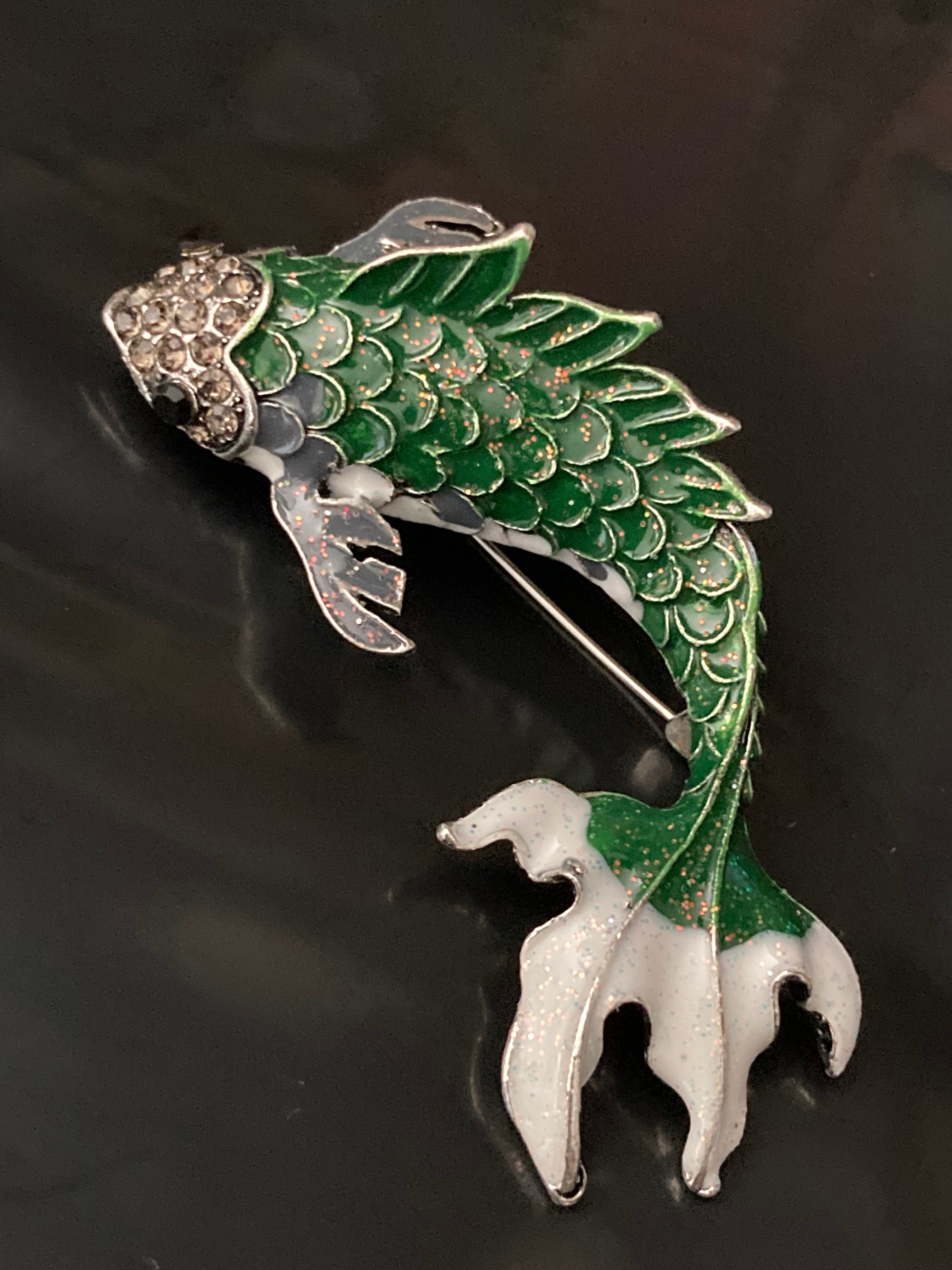 Large White and green enamel diamanté fish brooch
