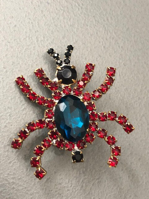 Reclaimed Vintage Inspired Spider Brooch With Red Glass