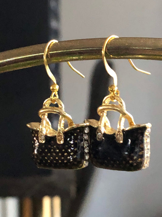 tote bag earrings gold tone black enamel rhinestone handbag drop earrings