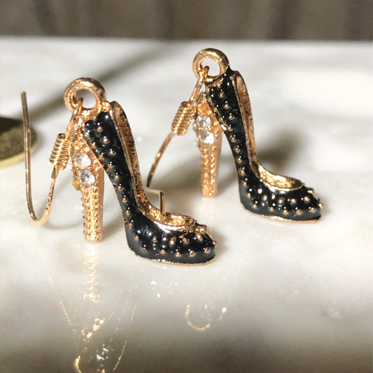 gold and BLACK enamel diamanté stiletto high heel shoe drop earrings