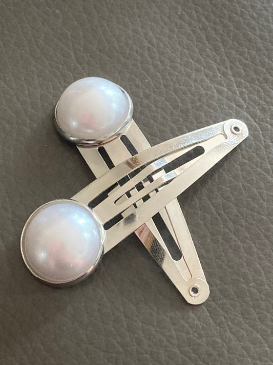 white faux Pearl hair clips silver tone snap lock