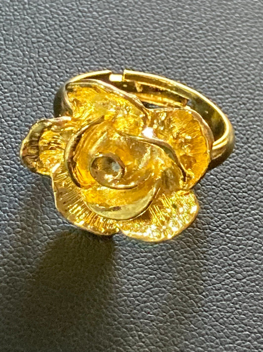 Size O P Q R adjustable Brutalist gold metal floral rose dress ring