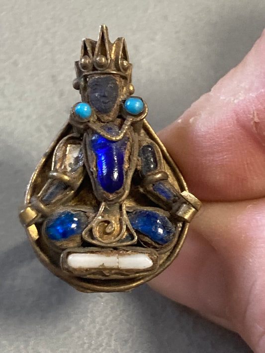 Size Q Antique Vintage Brass Tibetan Buddha god style gemstone set ornate ring set with gripoix poured blue glass and turquoise stones