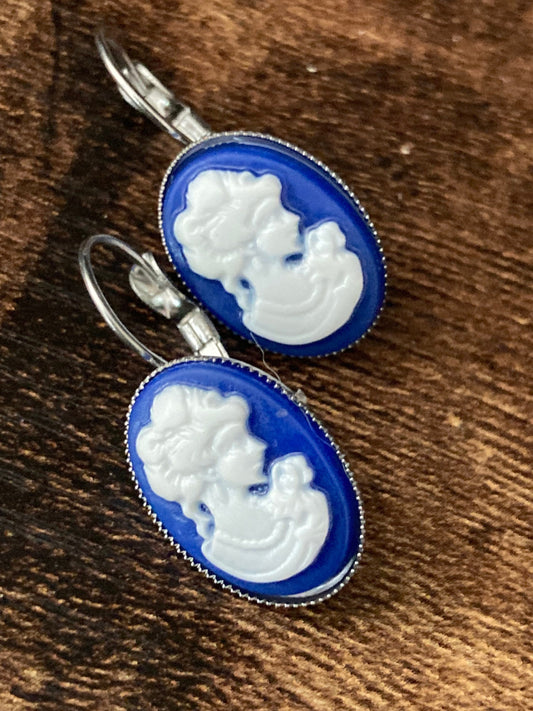 Silver plated oval blue cameo drop earrings pierced ears