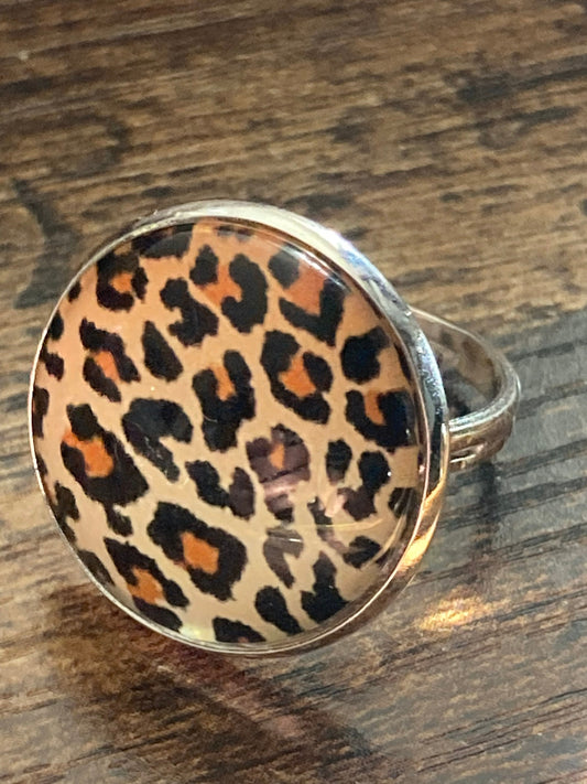 Leopard print silver ring stainless steel adjustable big cat