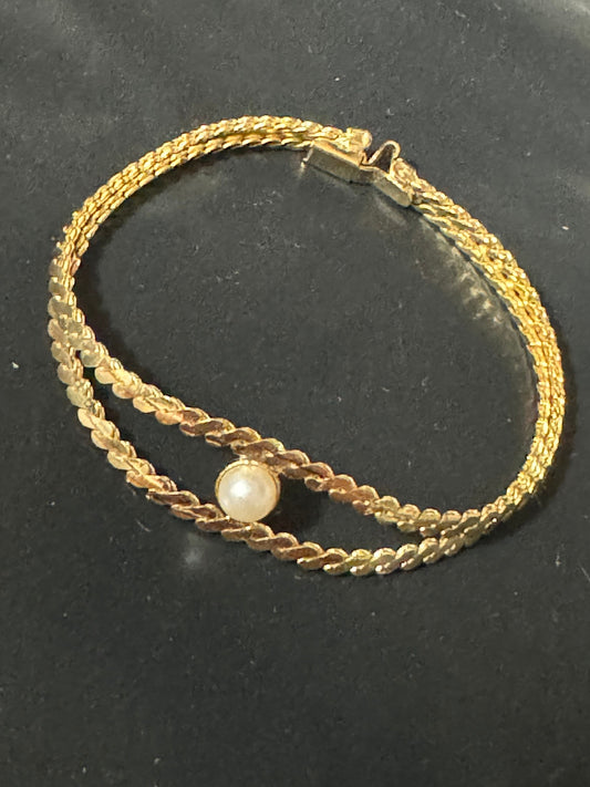 True Vintage pristine gold plated slim double serpentine faux pearl flat link bangle bracelet old shop stock
