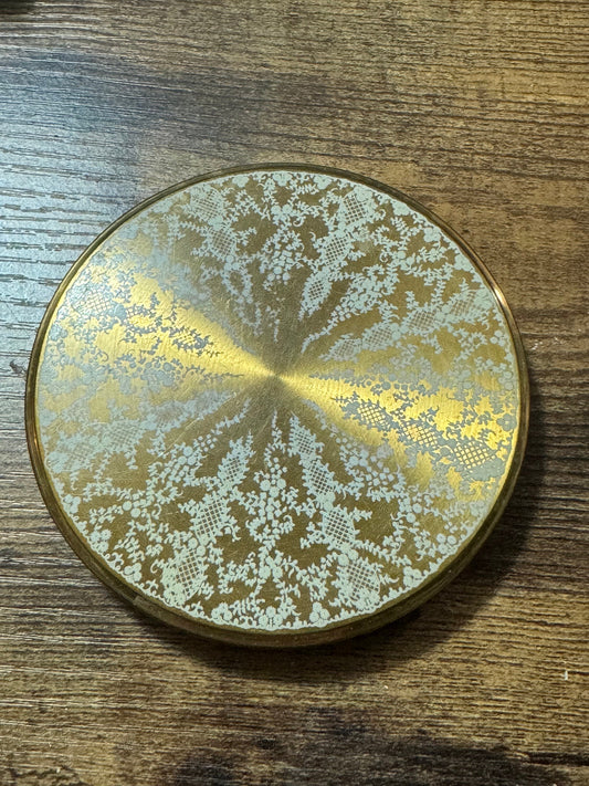 Oversized gold tone giant powder compact white lace design