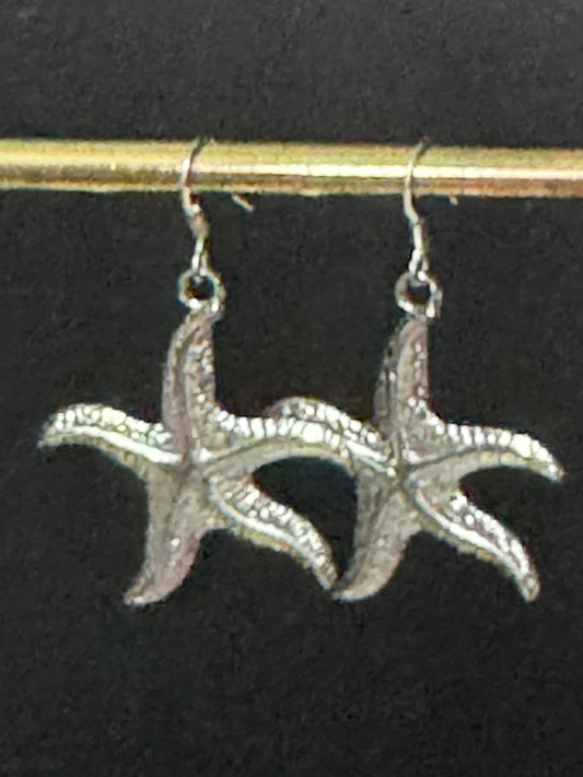 Nautical Oversized silver tone starfish small drop earrings pierced ears