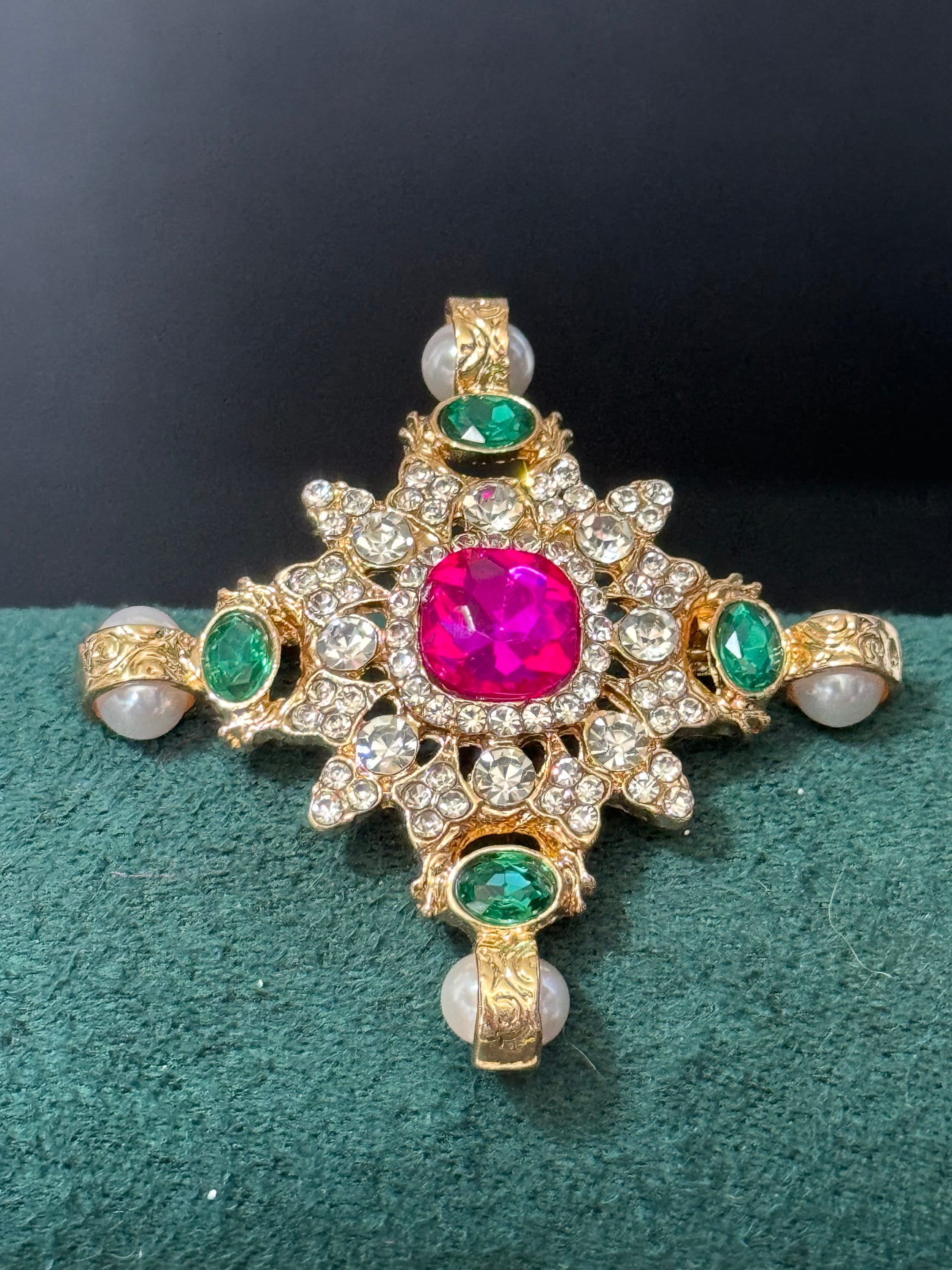 Large faux pearl and bright pink and emerald green diamanté rhinestone cross brooch