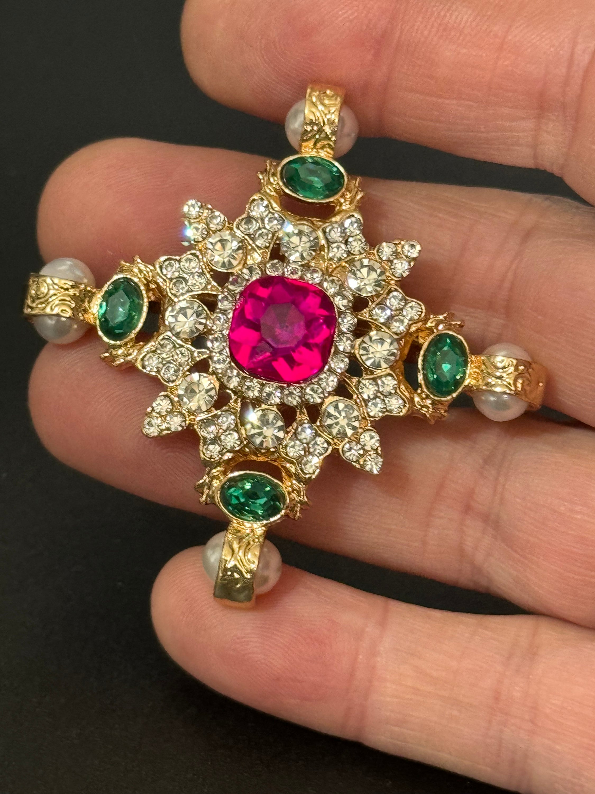 Large faux pearl and bright pink and emerald green diamanté rhinestone cross brooch