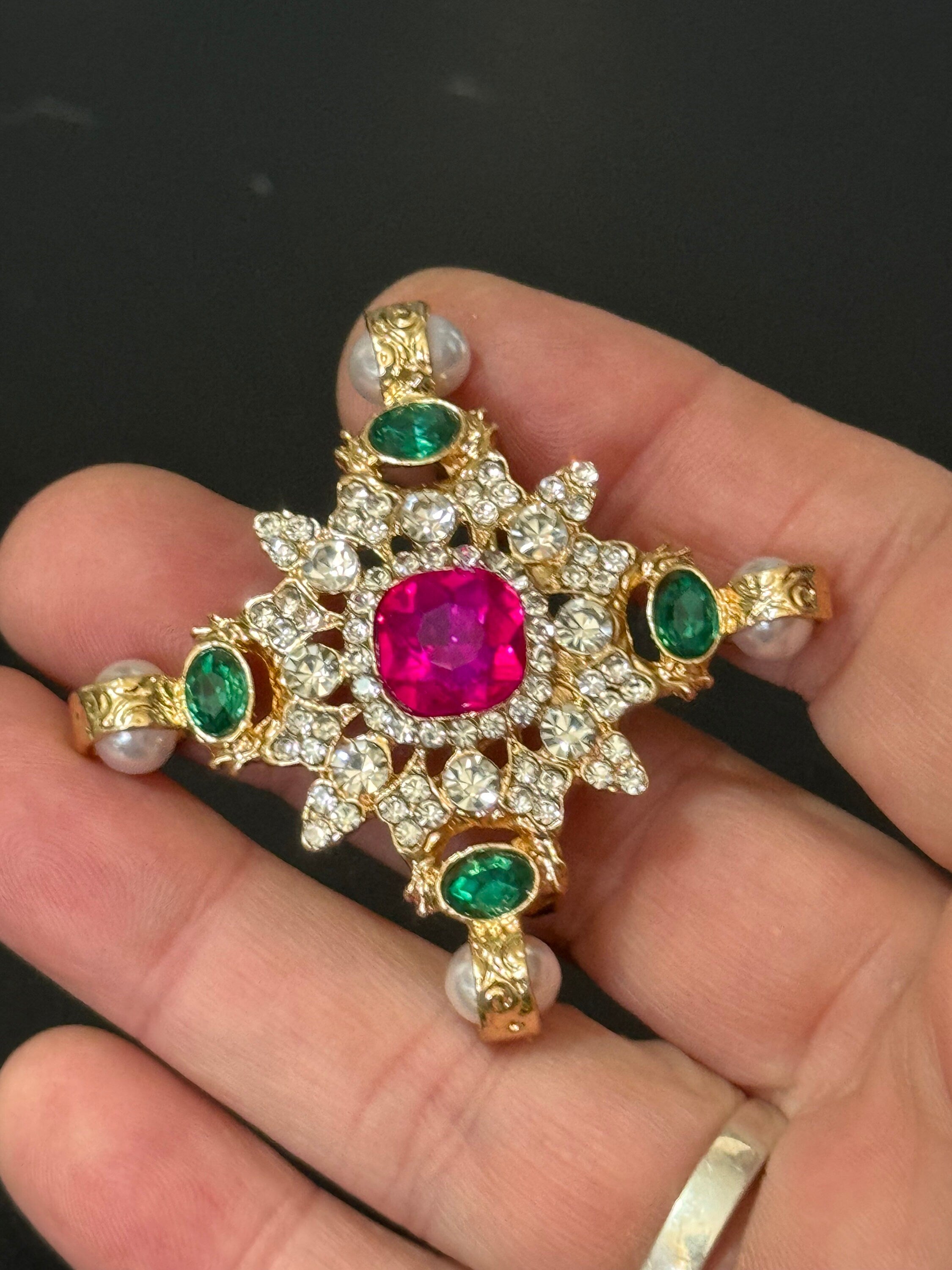 Large faux pearl and bright pink and emerald green diamanté rhinestone cross brooch