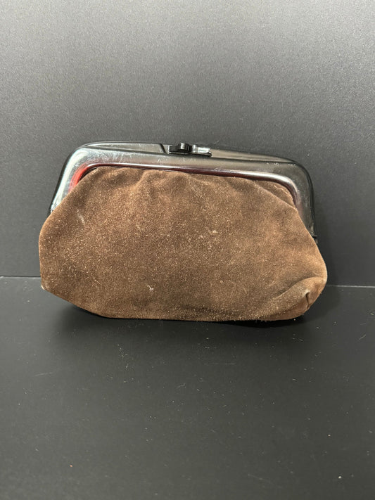 Vintage retro 1970s Italian dark brown genuine SUEDE leather clutch bag purse handbag celluloid handles