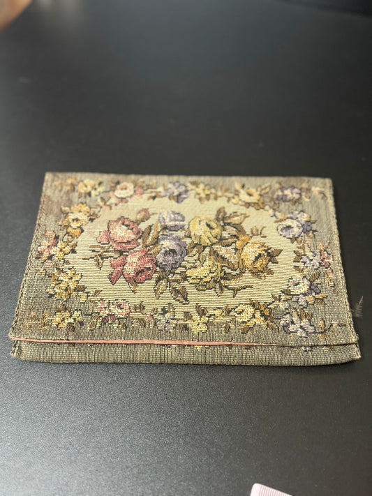 Vintage Petit Point Tapestry Embroidered Purse with purple shot silk lining handmade 1930s