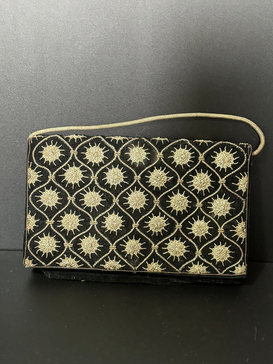 Vintage retro Indian zardozi evening bag purse black velvet gold wire thread work
