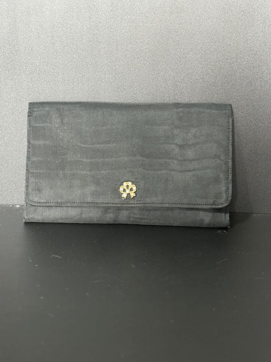 black grosgrain fabric plain Evening Bag clutch Purse rhinestone clasp Vintage mid century