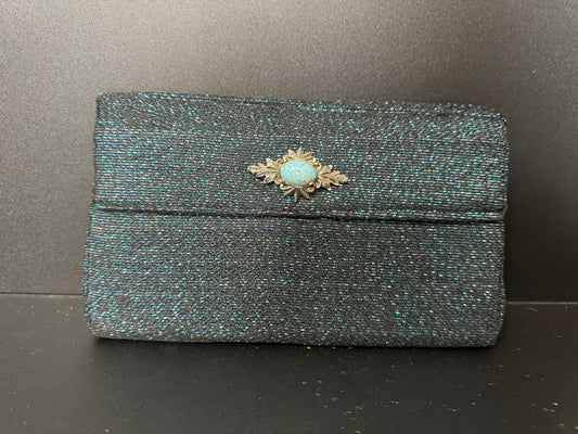 handmade Vintage blue lurex glittery Evening Bag Purse Handbag with turquoise silver ornate clasp lined