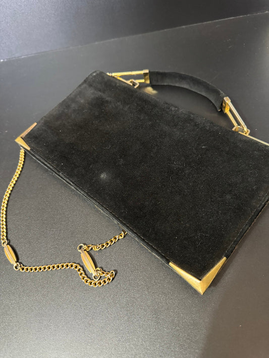 vintage black suede leather gold shoulder chain evening bag 1970s