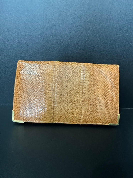 vintage brown genuine leather snake croc skin clutch bag handbag purse mid century