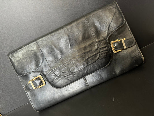Vintage large black genuine leather clutch bag purse handbag 70s