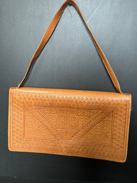 vintage brown genuine tan tooled leather shoulder bag handbag moroccan