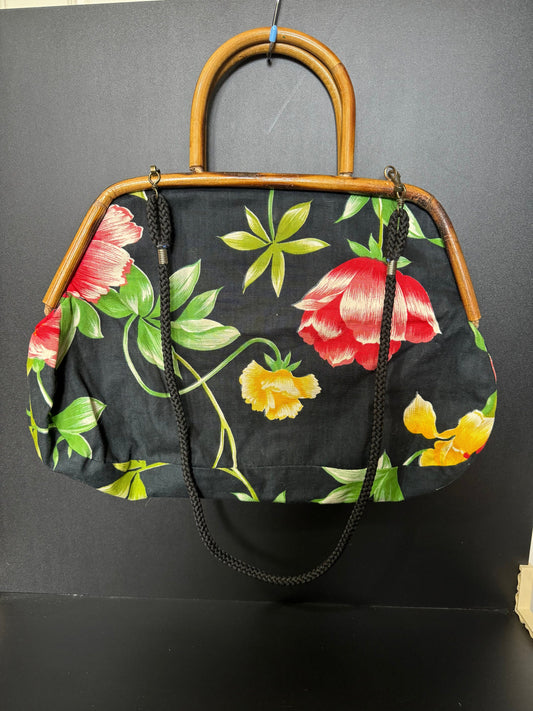 Retro Italian black red yellow green tropical floral bamboo framed handbag