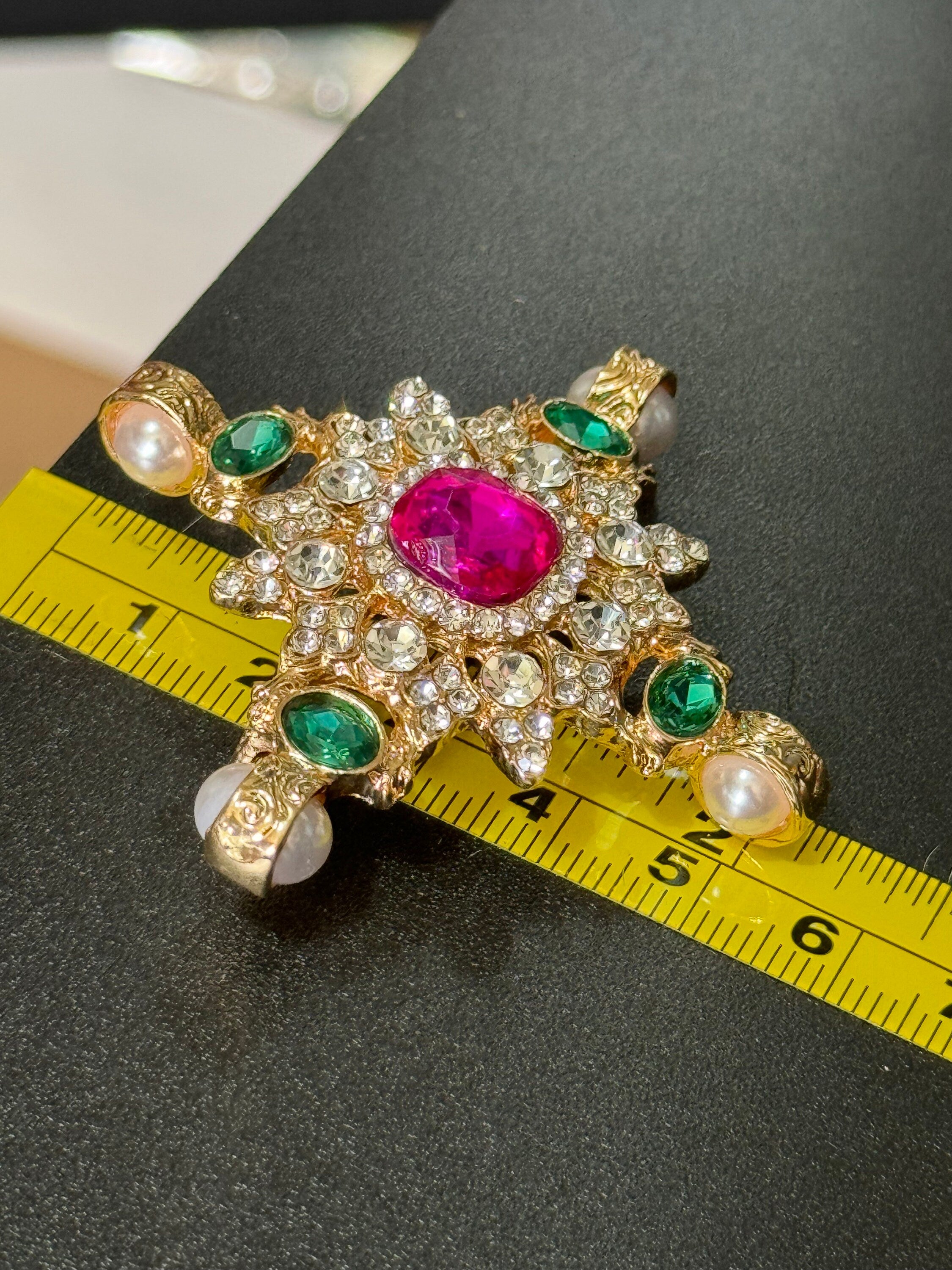 Large faux pearl and bright pink and emerald green diamanté rhinestone cross brooch