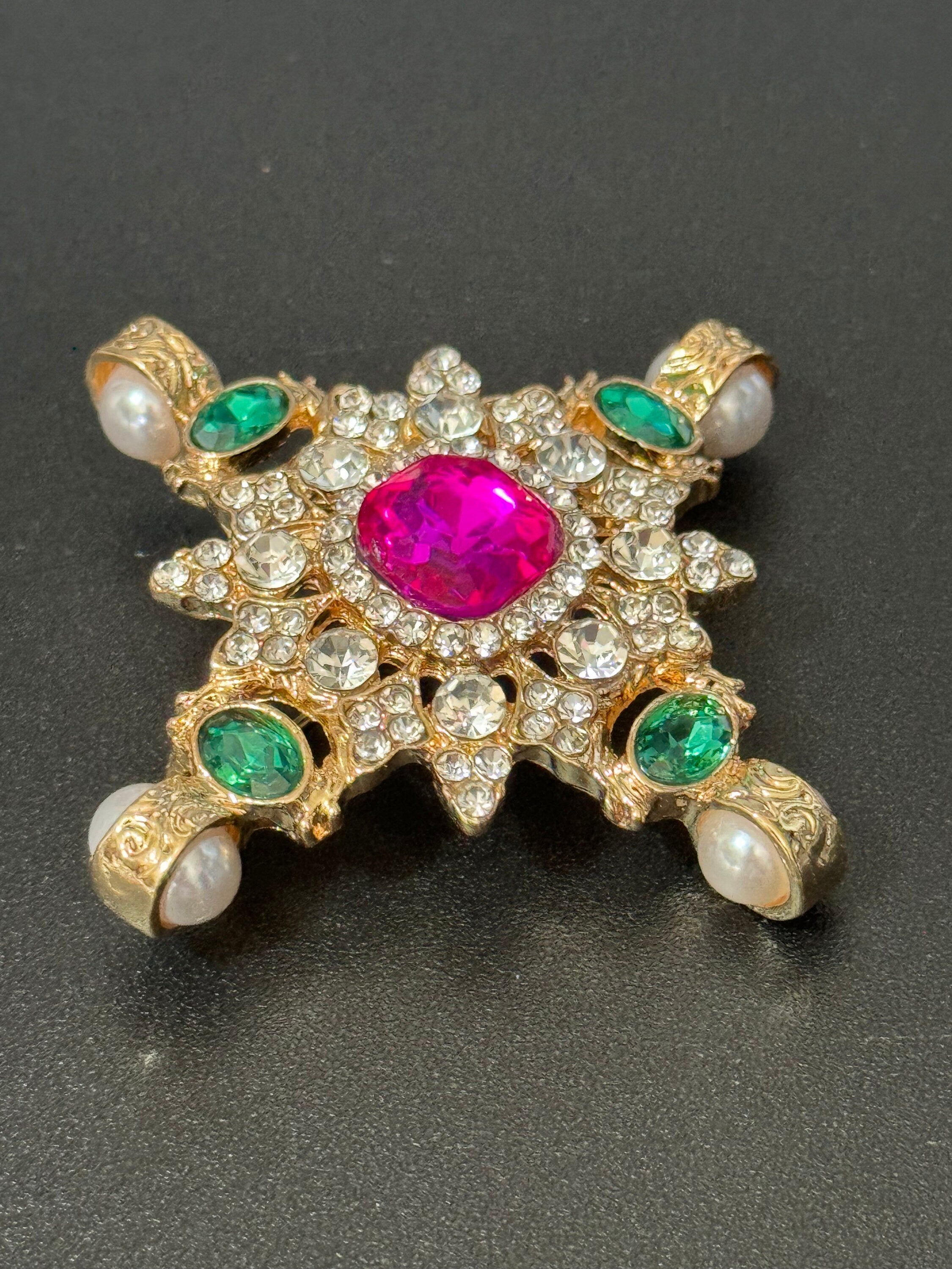 Large faux pearl and bright pink and emerald green diamanté rhinestone cross brooch