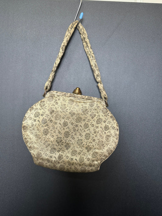 French Vintage Beige and gold Brocade Evening Bag Purse with brass art deco clasp