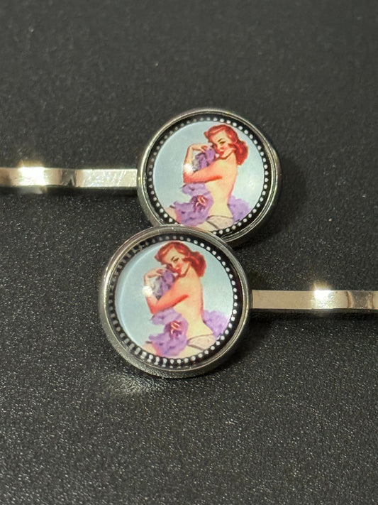 Vintage Hollywood glamour style pin up girl model wavy hairslides hair clips silver tone with glass cabochons