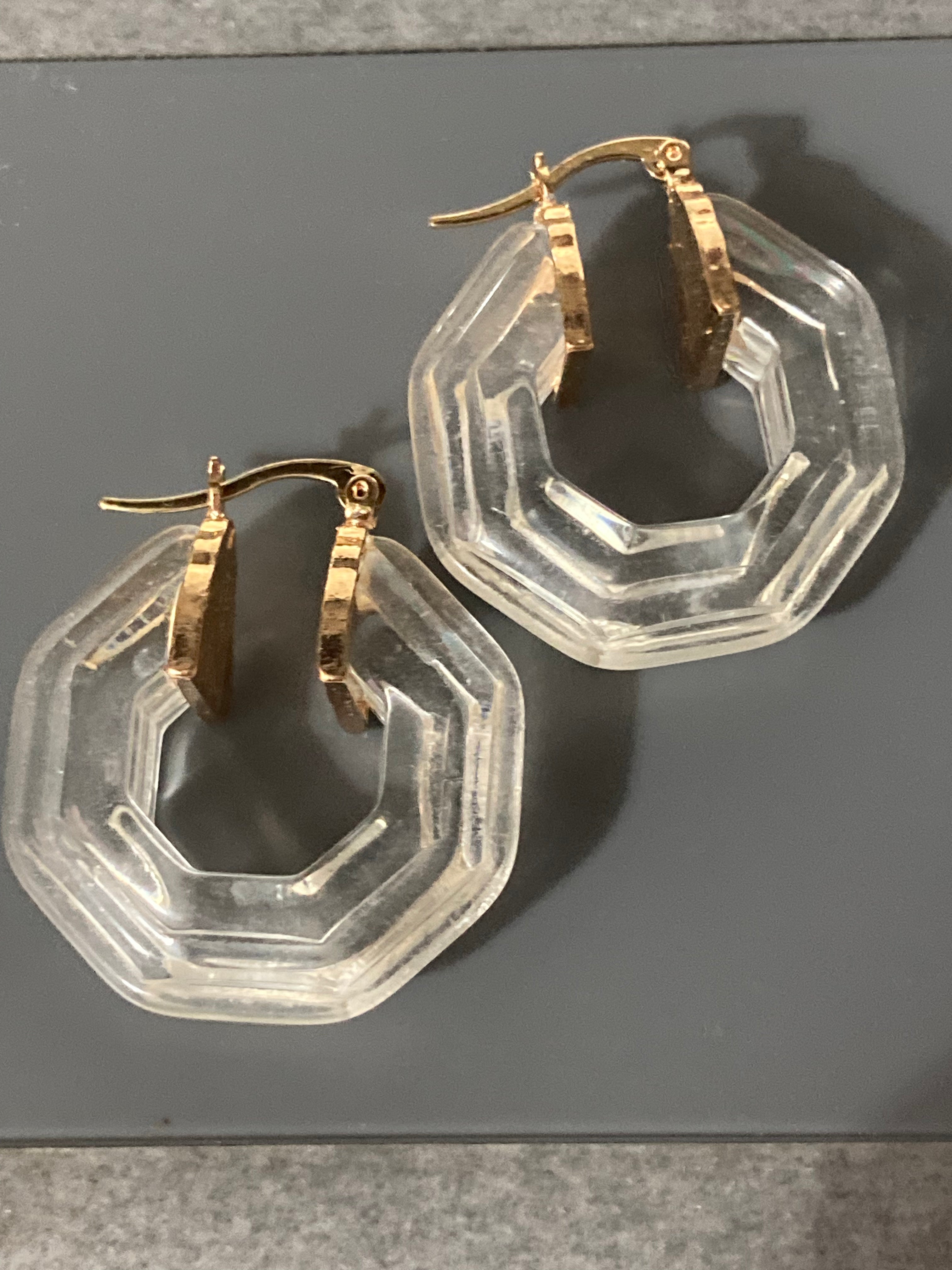 Octagonal Clear acrylic gold tone hoop earrings