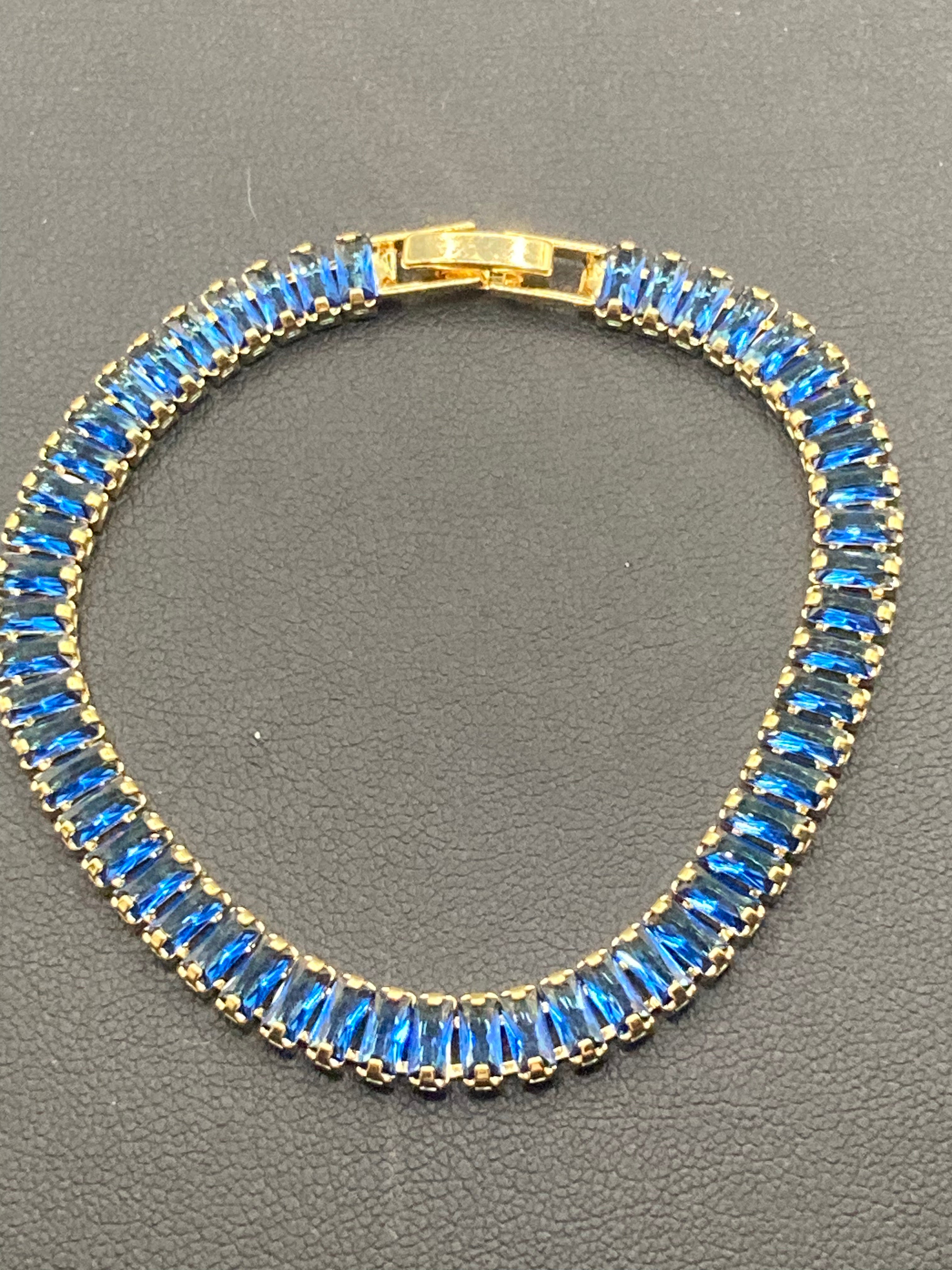 High End Sapphire Blue CZ tennis bracelet baguette Crystal diamanté gold plated