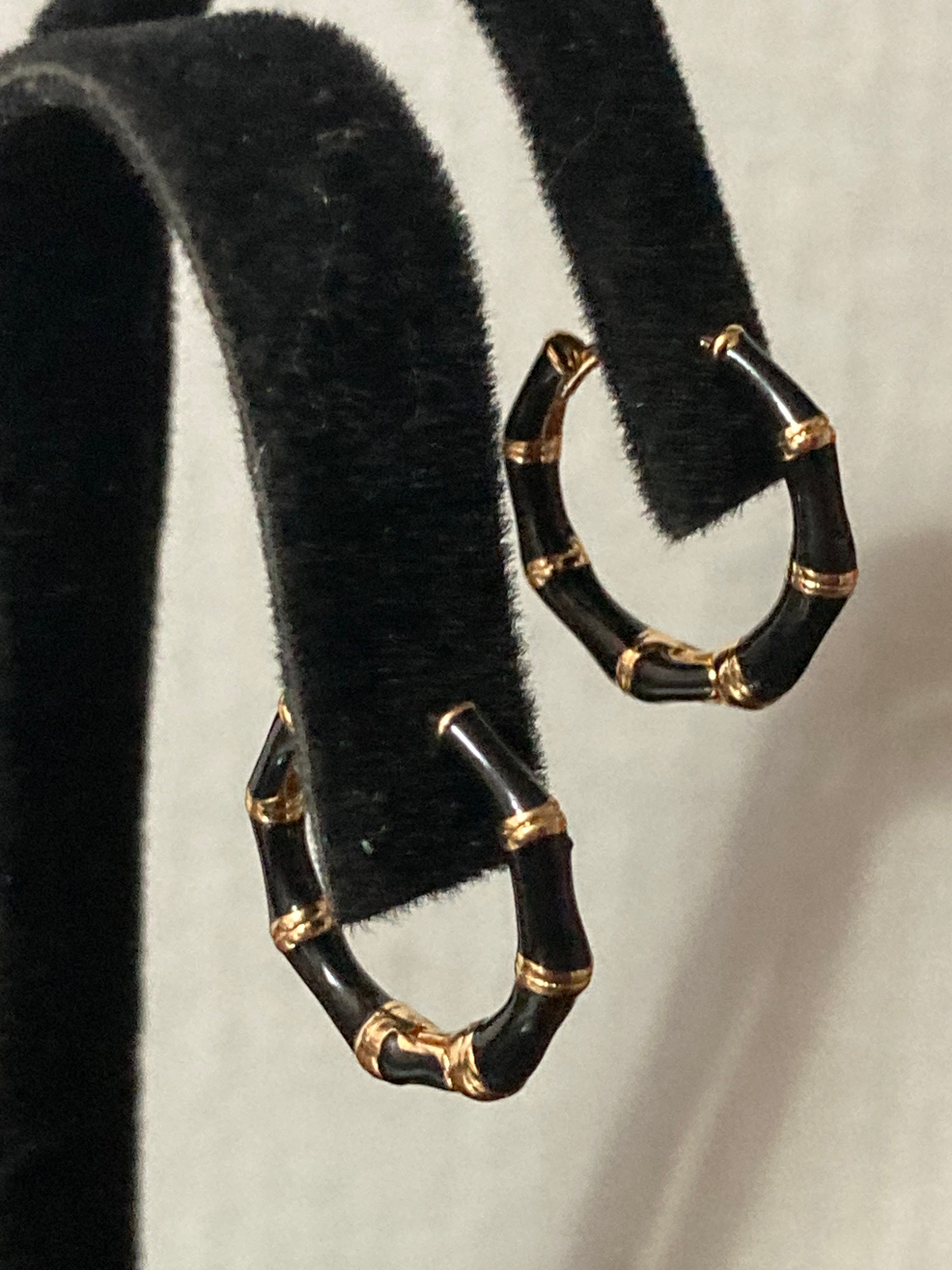 Black And Gold Hoop Earrings, Small Enamel Bamboo Design Huggies