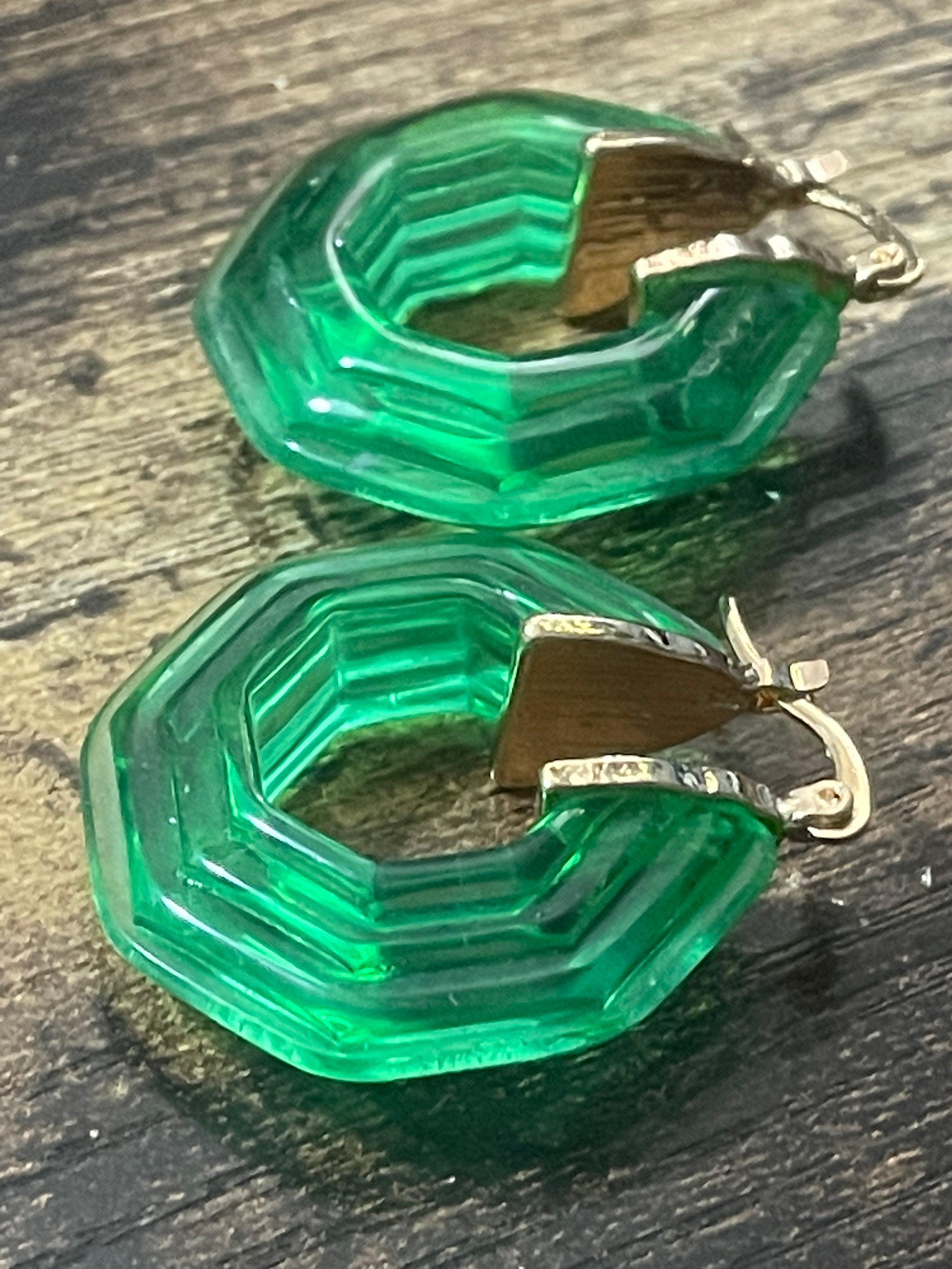 Octagonal bright green clear acrylic gold tone hoop earrings