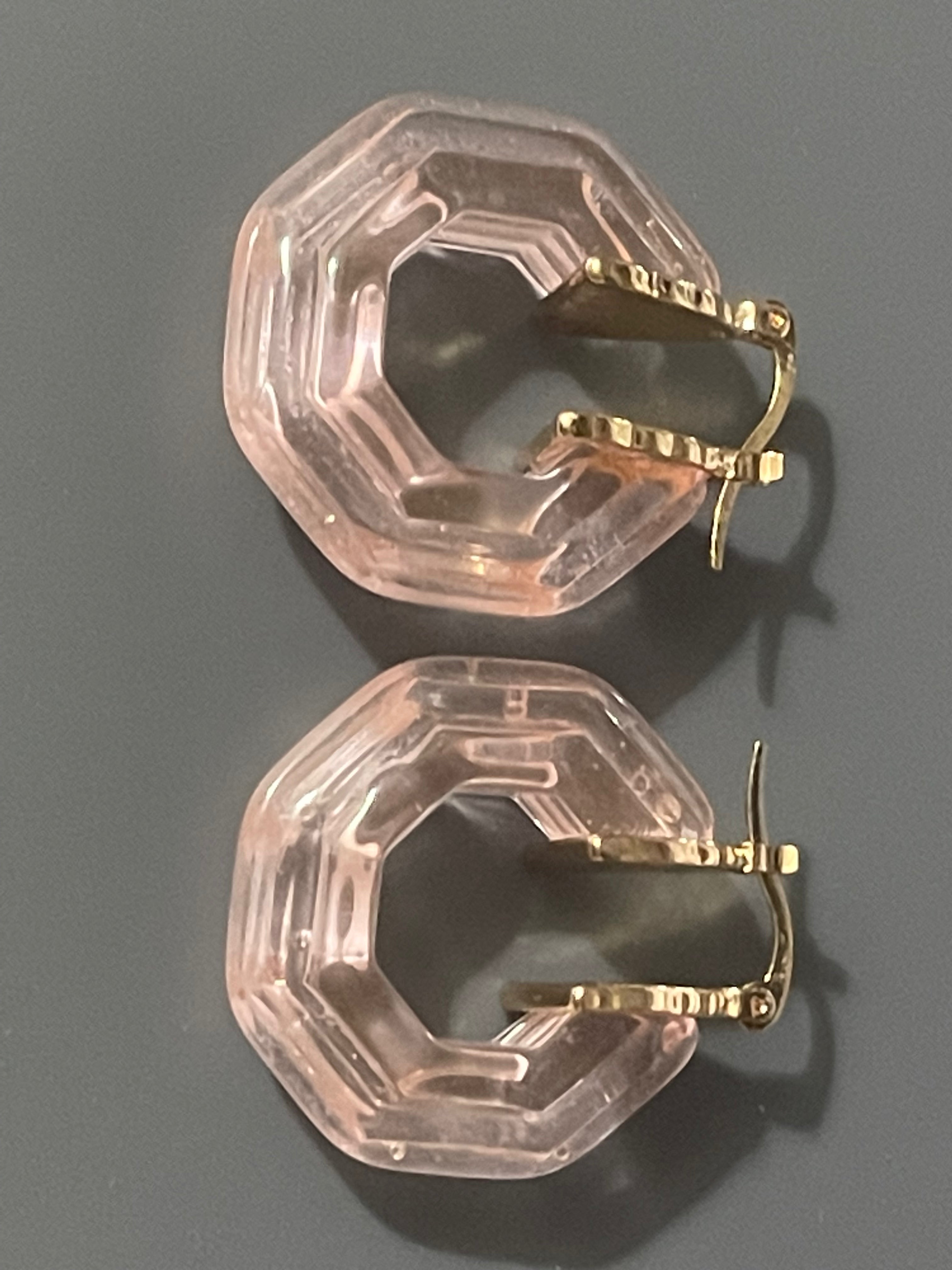 Octagonal blush pink acrylic gold tone hoop earrings